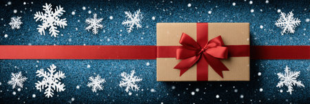 A Brown gift box wrapped with a red ribbon sits on a dark blue backdrop with white snowflakes and falling snow.の素材