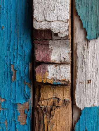 Closeup shows weathered wood panels with layers of peeling, chipped, and faded paint revealing the wood grain.の素材