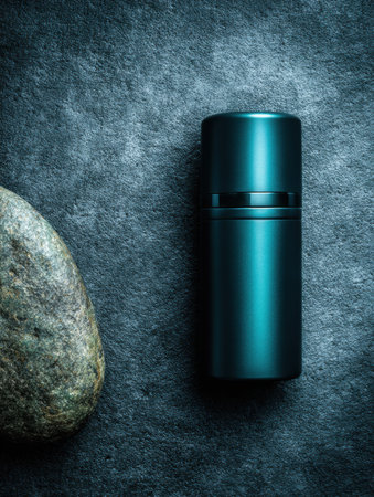 A teal canister stands next to a rock on a grey, textured background. Minimalist and calming composition.の素材