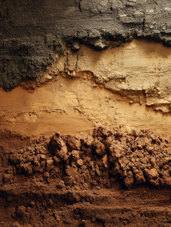 Detailed view of soil layers, showing varying shades and textures of earth and sediment revealing natural geology.の素材