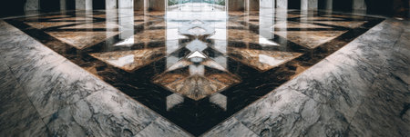 Luxurious marble floor showcases a stunning geometric design with reflections that dazzle in bright light.の素材