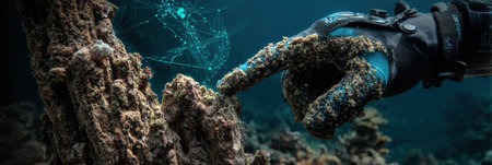 A divers gloved hand gently touches coral formations while observing marine life below the surface.の素材