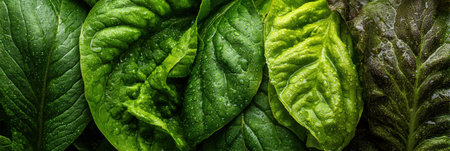Several green spinach and lettuce leaves show distinct textures and water droplets.の素材