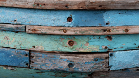 Horizontal planks of weathered wood show peeling teal and blue paint, constructing the aging hull of a boat.の素材