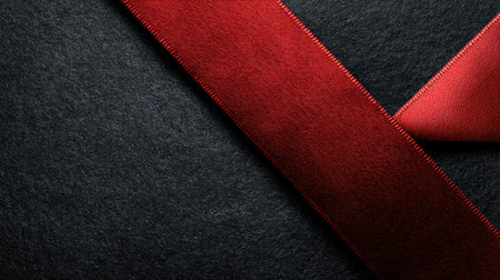 Two shiny, red ribbons intersect on a matte black background.の素材