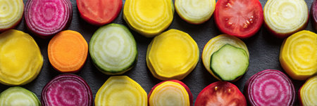 Several different slices of vegetables including beet, tomato, and cucumber create a colorful pattern.の素材