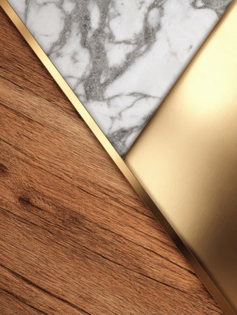 Wood, marble, and metal meet. Gold separates them. The surfaces create a textural and luxurious aesthetic.の素材