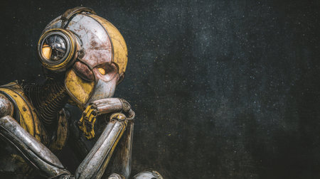 A detailed robot figure appears deep in thought, showing a mix of yellow and silver tones against a dark background.の素材