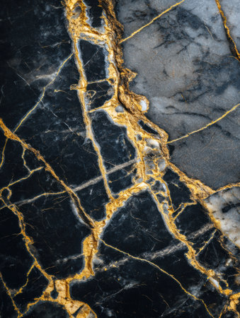 Close view of black marble with intricate gold veining reflecting luxury and elegance in natural stone design.の素材