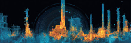 Refinery towers glow with simulated heat and emissions data.の素材