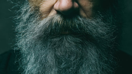 Close-up view highlights an older man with a gray beard, focusing on the texture of his beard, nose and upper lip.の素材