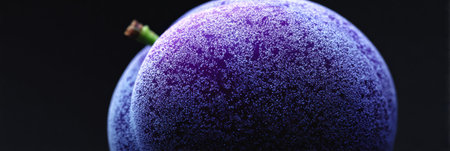 A close-up view of a purple plum covered in frost sitting on a dark surface, highlighting its rich color and texture.の素材