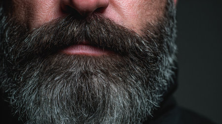Close up of a mans face showcasing a salt and pepper full beard and mustache against a dark background.の素材