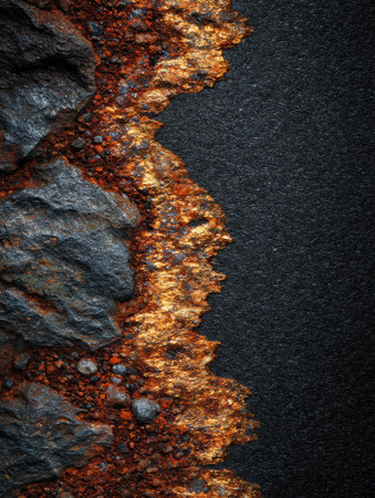 Rough rock and rust merge with a grainy black surface creating contrasting textures.の素材