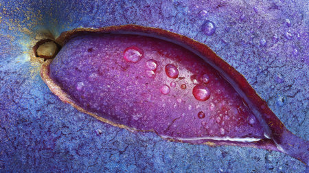 Vivid plum colors shine with rain droplets on its skin, highlighting natures beauty in detail.の素材