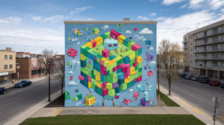 Large mural decorates building wall. The art features robots, cube shapes and floating objects against a blue sky.の素材