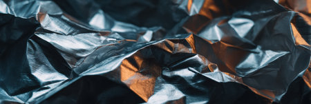 Close-up of crumpled reflective material, catching blue and orange light.の素材