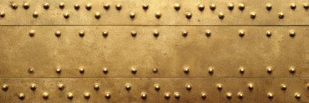 Golden panels, each with rows of rivets, are stacked horizontally. The metal shows some wear and age, adding texture.の素材