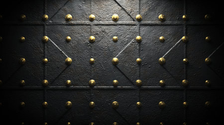 Detailed close up of a textured dark metal with many golden rivets and geometric lines forming squares and triangles.の素材
