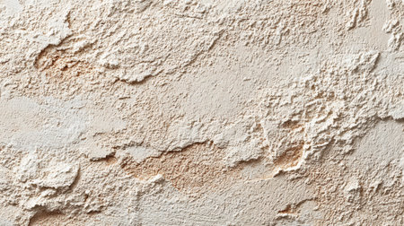A close-up of a weathered wall shows textured cracks and peeling areas in warm beige tones.の素材