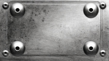 The rectangular metal panel is silver. It has rivets and screws. The surface shows visible signs of wear and tear.の素材