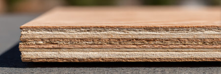 Wooden board showcasing layered structure and unique texture, illuminated by sunlight, highlighting craftsmanship.の素材