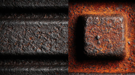 Oxidized metal surfaces show signs of aging. Linear and square patterns indicate past functionality.の素材