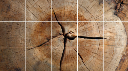Close-up view of a tree trunk revealing the intricate patterns of growth rings and natural fissures in warm hues.の素材