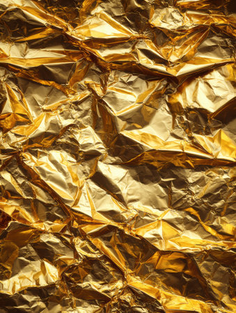 Close-up shot of crumpled golden foil. Surfaces reflect light creating shiny, abstract shapes and textures.の素材