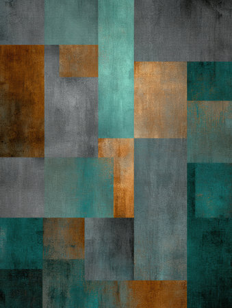 Rectangular shapes intersect, creating an abstract geometric design using teal, brown, and gray textured colors.の素材