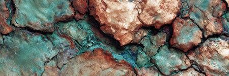 Rough stone and rock close-up. Copper oxide and brown colors create texture.の素材