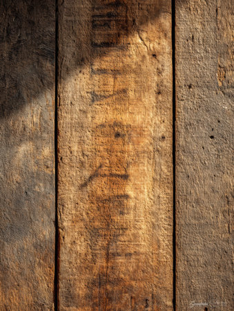 Rustic wood planks aged textures, knots, color variations, natural imperfections, lighting.の素材