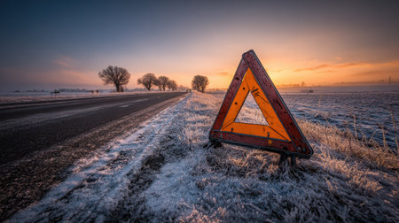 Bright sunrise lights a frosty field and empty road, with a warning sign, creating a serene winter scene.の素材