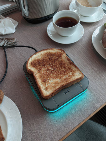 A slice of golden toast is warming on a modern heating plate while a cup of tea and a plate of food sits nearby.の素材