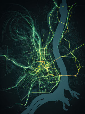 An artistic representation of a city featuring vibrant road networks and traffic flows during the night.の素材