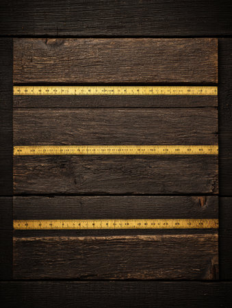 Golden rulers rest on a rustic wooden background, perfect for design or measurement projects.の素材