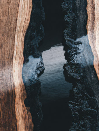 This scene showcases a beautiful wood table with a dark resin river, emphasizing its natural beauty and craftsmanship.の素材