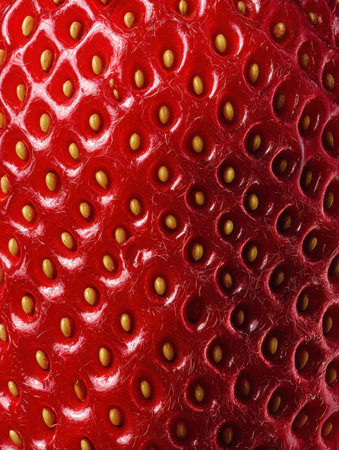 Ripe strawberry features bright red skin with tiny seeds, highlighting its smooth texture and fresh appearance.の素材
