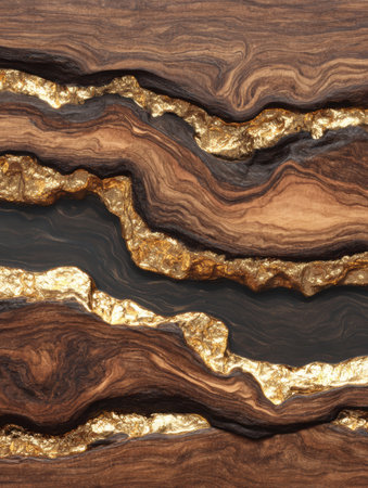 Intricate wood and gold resin layers create an elegant surface showing fine craftsmanship and natural beauty.の素材