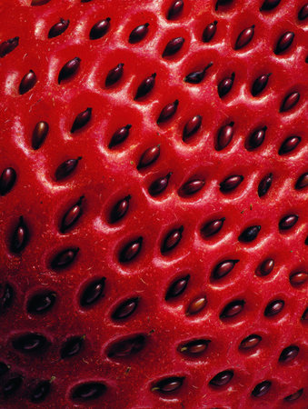 Detailed close up of a ripe strawberry displaying its bright red texture and numerous tiny seeds under natural lighting.の素材