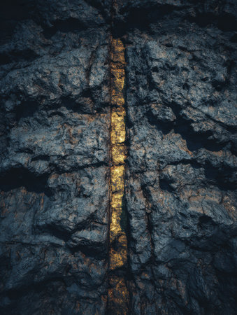 A rock striking face shows a bright gold vein through dark stone in a captivating natural scene.の素材