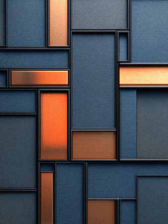 Layers of geometric shapes in copper and dark tones create a striking visual effect in contemporary design.の素材