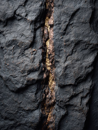 Close-up view of a textured rock with a striking crack revealing golden minerals, illuminated by natural light.の素材