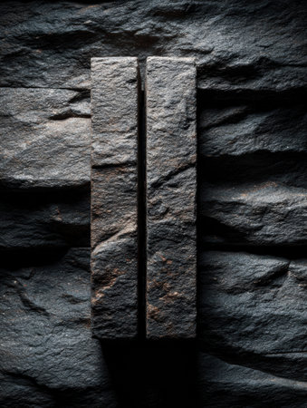 Two vertical stone blocks against a dark texture create striking shadows and a bold geometric effect.の素材