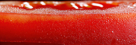 Sliced ripe tomato shows its juicy interior and texture, enhanced by moisture droplets in natural light.の素材