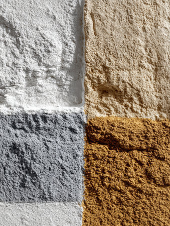 Close up view of a textured wall with sections in white, gray, yellow, and brown, showing unique patterns and colors.の素材