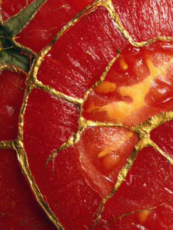 Sliced red fruit displays striking colors and intricate patterns highlighted by delicate golden lines throughout.の素材