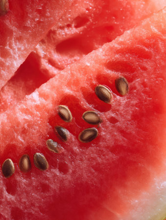 A bright red watermelon slice showcases its juicy interior and seeds, ideal for summer refreshment.の素材