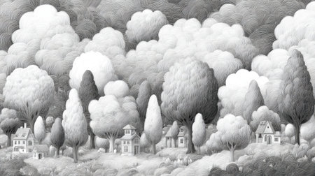 A peaceful countryside scene features stylized trees and cozy houses in black and white, evoking a calming atmosphere.の素材