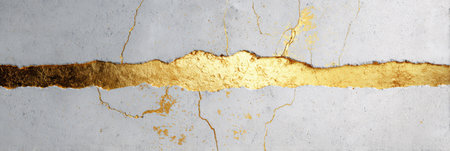 A creative wall surface shows a crack filled with shiny gold, contrasting against the textured concrete background.の素材